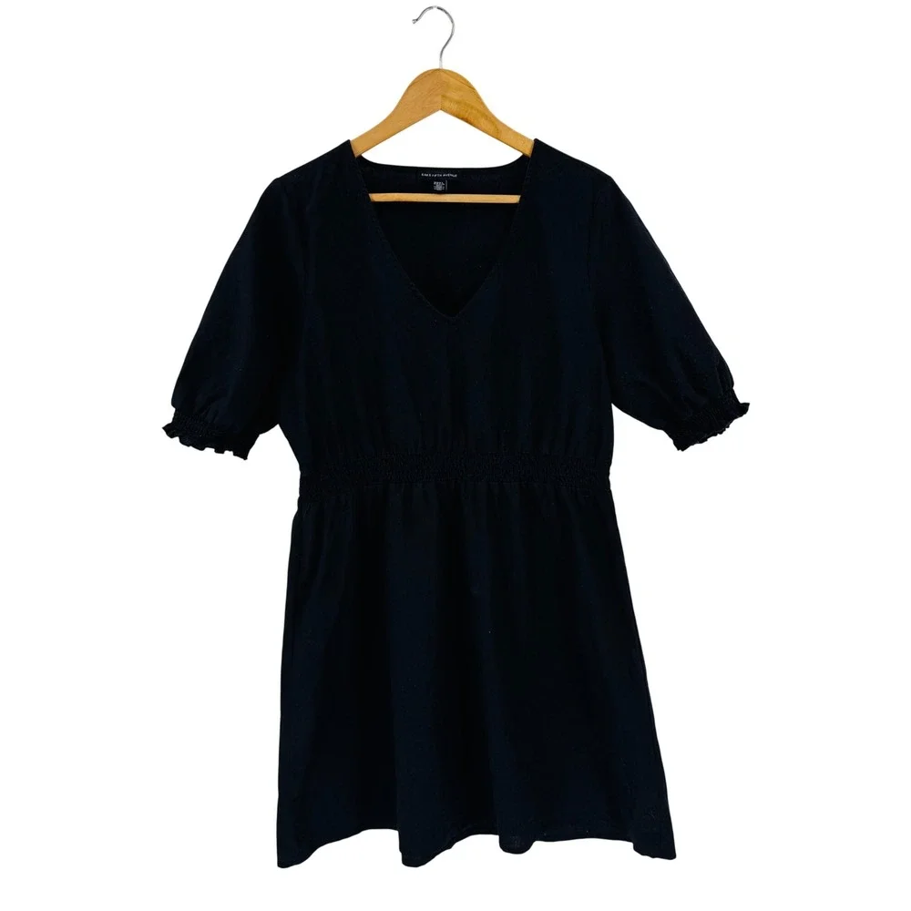 Saks Fifth Avenue Black V Neck Smocked Waist Puff Sleeve‎ Dress Linen Cotton XL